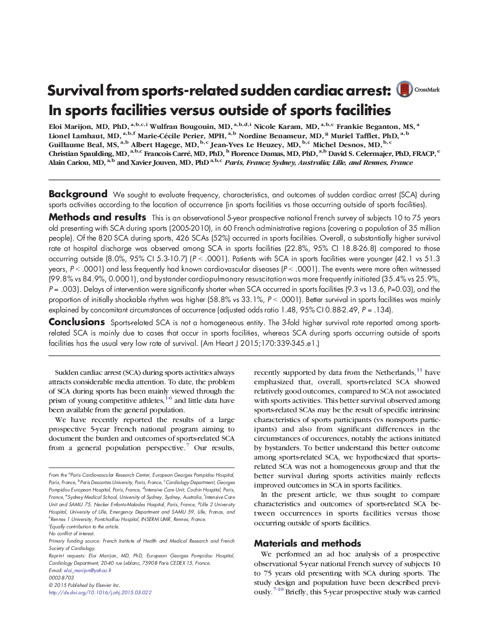 Survival from sports-related sudden cardiac arrest: In sports facilities versus outside of sports facilities