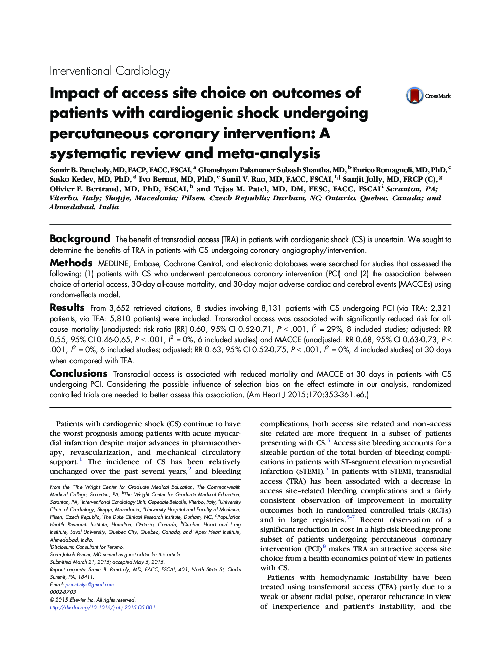 Impact of access site choice on outcomes of patients with cardiogenic shock undergoing percutaneous coronary intervention: A systematic review and meta-analysis