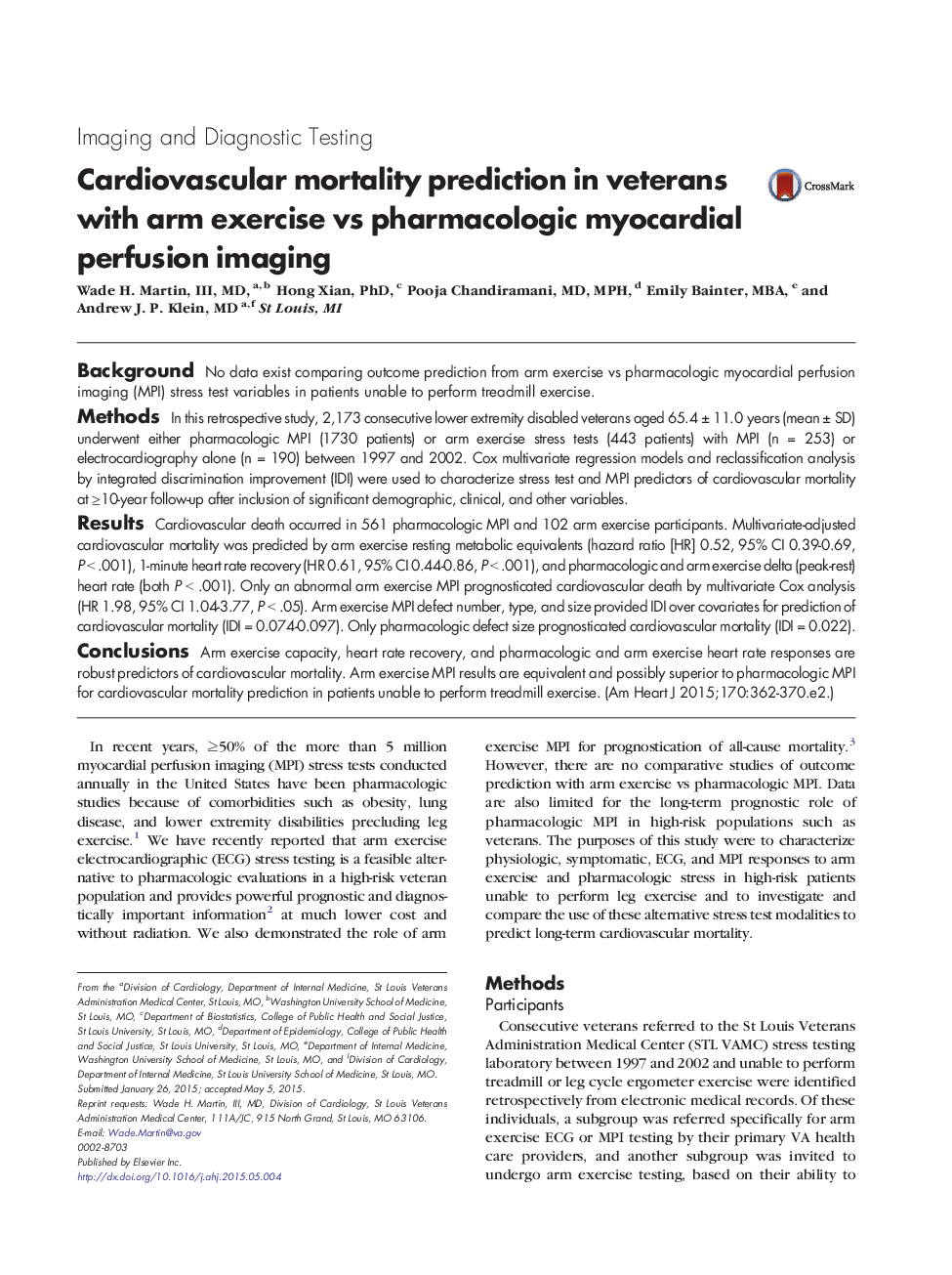 Cardiovascular mortality prediction in veterans with arm exercise vs pharmacologic myocardial perfusion imaging