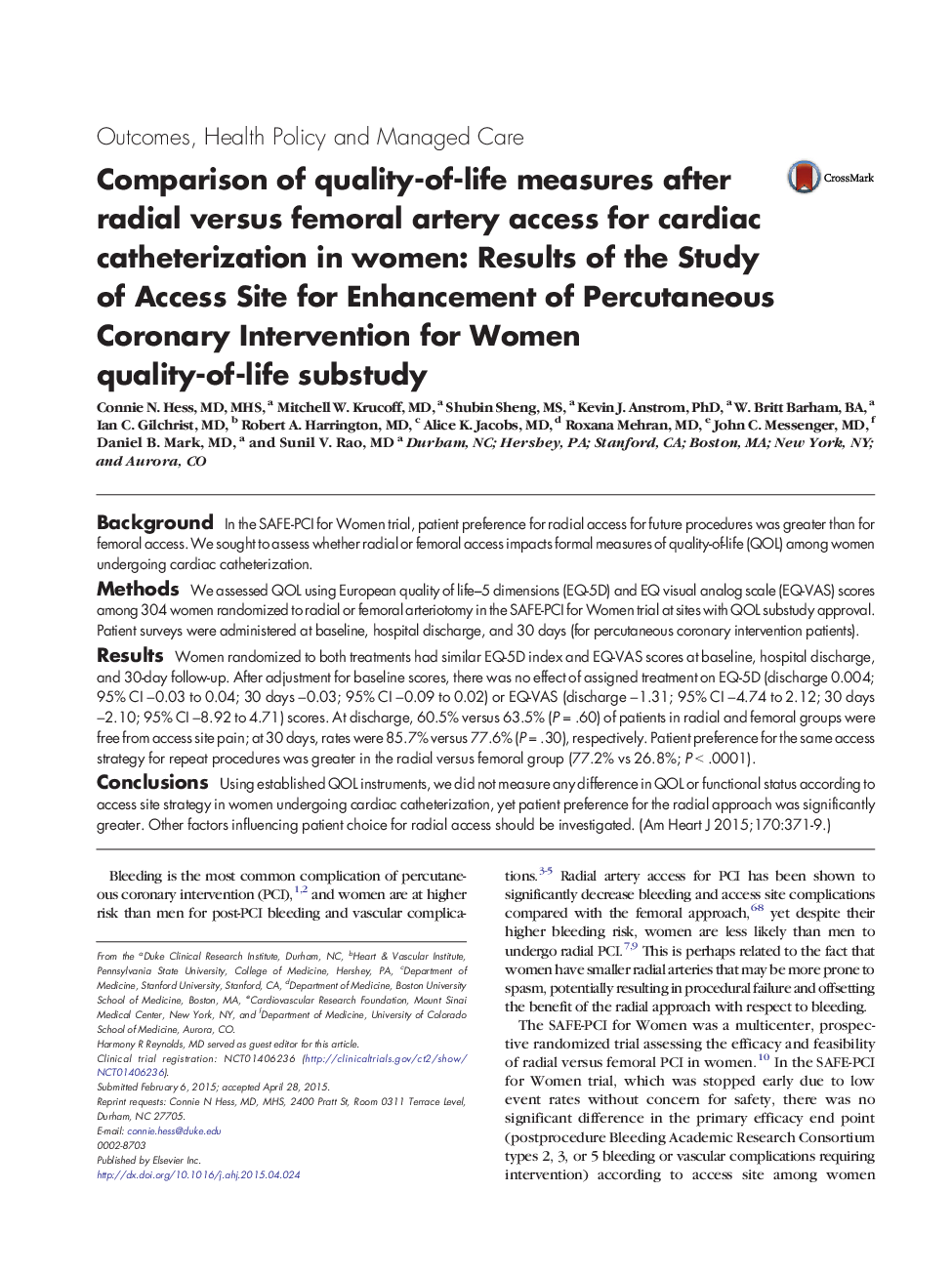 Comparison of quality-of-life measures after radial versus femoral artery access for cardiac catheterization in women: Results of the Study of Access Site for Enhancement of Percutaneous Coronary Intervention for Women quality-of-life substudy 