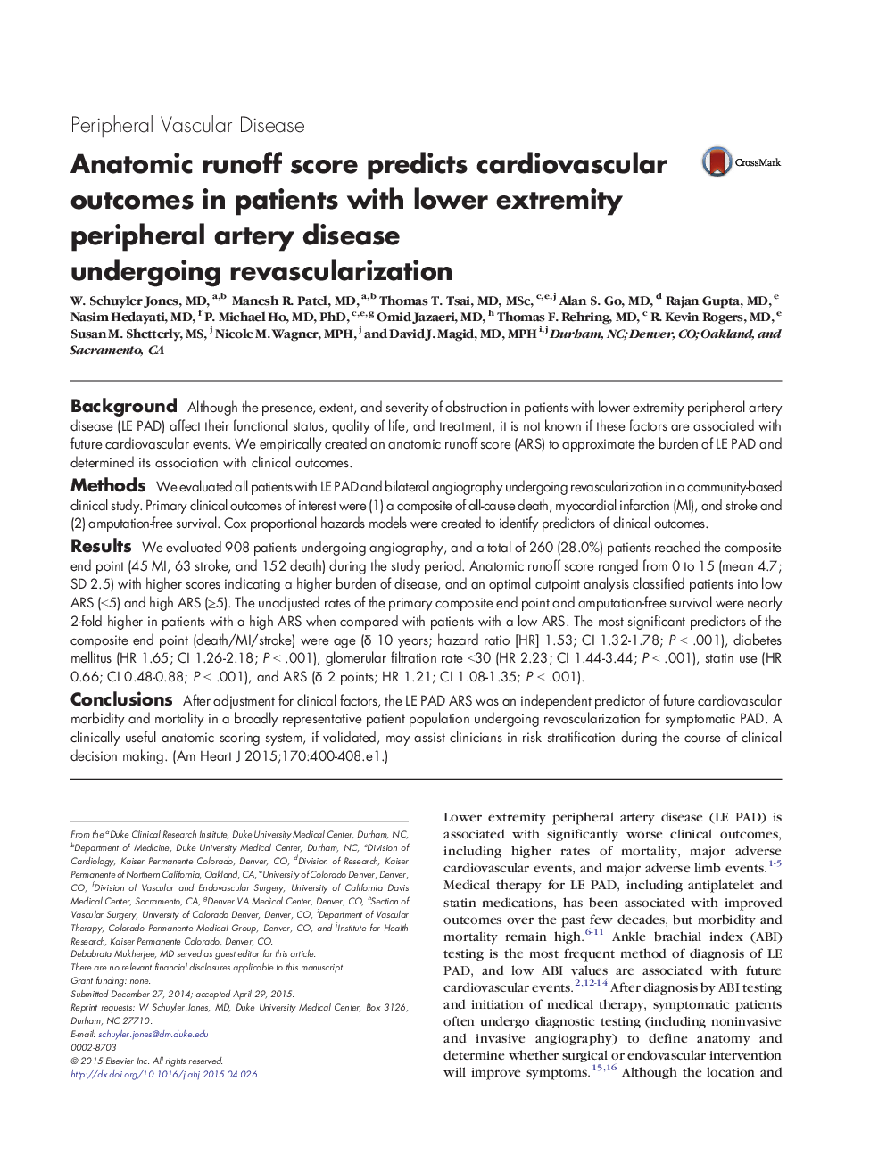 Anatomic runoff score predicts cardiovascular outcomes in patients with lower extremity peripheral artery disease undergoing revascularization