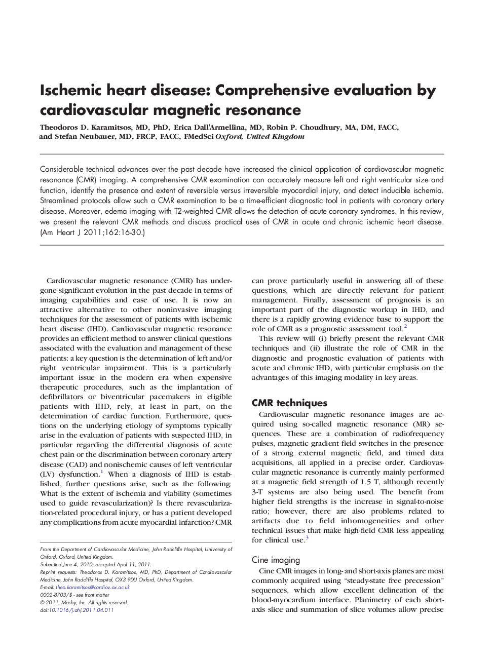 Ischemic heart disease: Comprehensive evaluation by cardiovascular magnetic resonance
