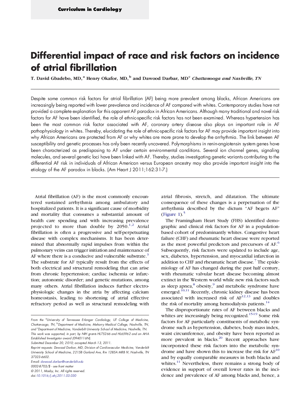 Differential impact of race and risk factors on incidence of atrial fibrillation 