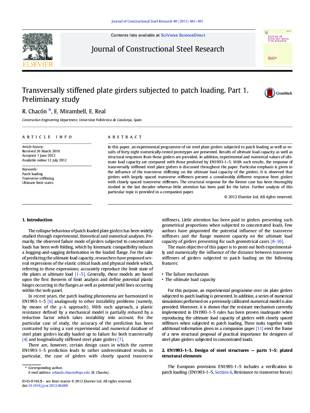 Transversally stiffened plate girders subjected to patch loading. Part 1. Preliminary study