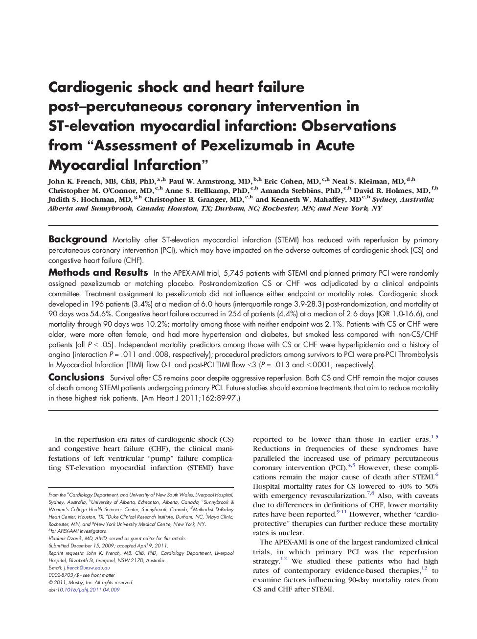 Cardiogenic shock and heart failure post–percutaneous coronary intervention in ST-elevation myocardial infarction: Observations from “Assessment of Pexelizumab in Acute Myocardial Infarction” 