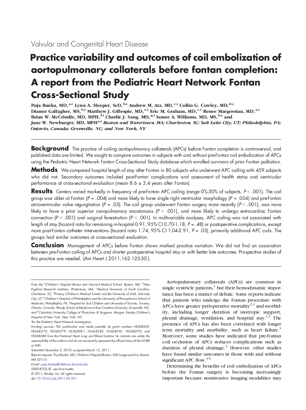 Practice variability and outcomes of coil embolization of aortopulmonary collaterals before fontan completion: A report from the Pediatric Heart Network Fontan Cross-Sectional Study 