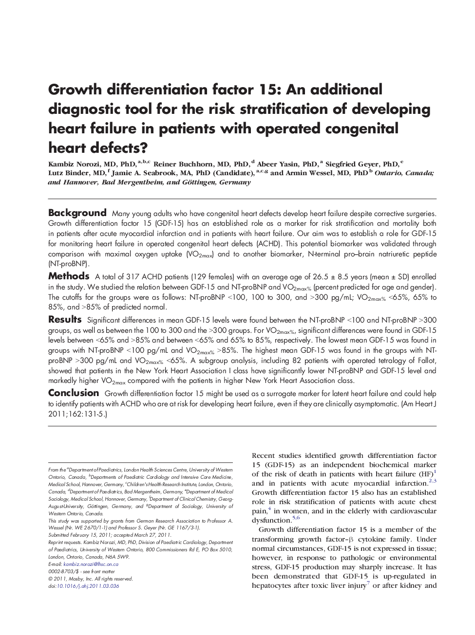 Growth differentiation factor 15: An additional diagnostic tool for the risk stratification of developing heart failure in patients with operated congenital heart defects? 