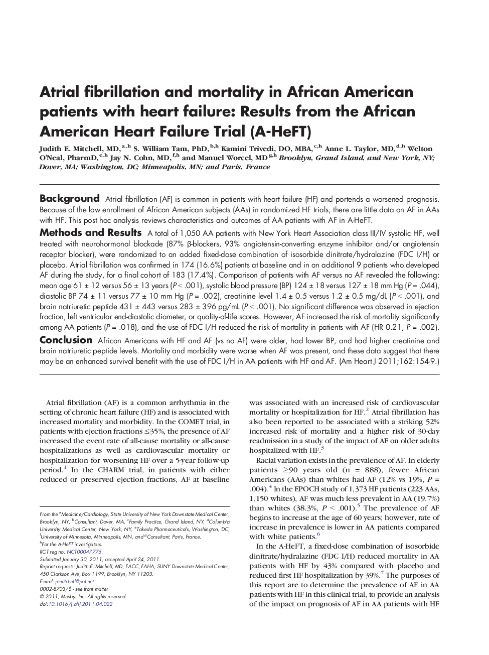 Atrial fibrillation and mortality in African American patients with heart failure: Results from the African American Heart Failure Trial (A-HeFT) 