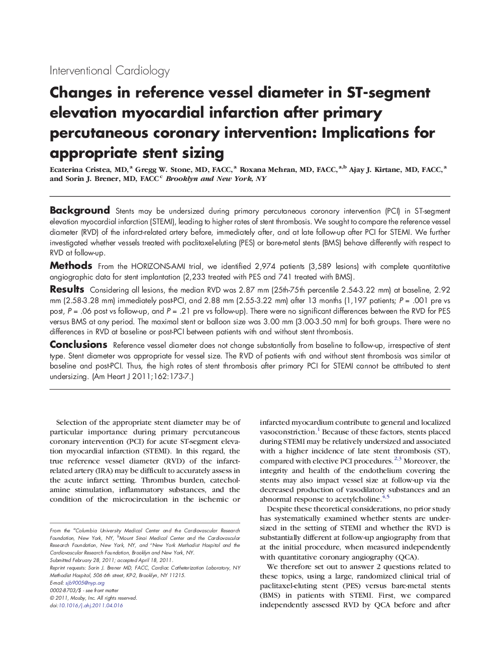 Changes in reference vessel diameter in ST-segment elevation myocardial infarction after primary percutaneous coronary intervention: Implications for appropriate stent sizing