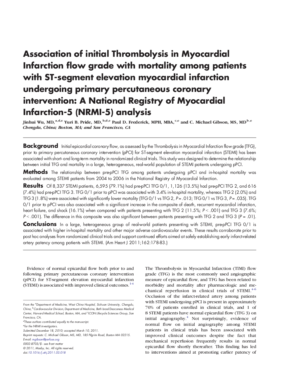 Association of initial Thrombolysis in Myocardial Infarction flow grade with mortality among patients with ST-segment elevation myocardial infarction undergoing primary percutaneous coronary intervention: A National Registry of Myocardial Infarction-5 (NR