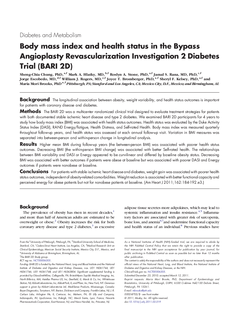 Body mass index and health status in the Bypass Angioplasty Revascularization Investigation 2 Diabetes Trial (BARI 2D)