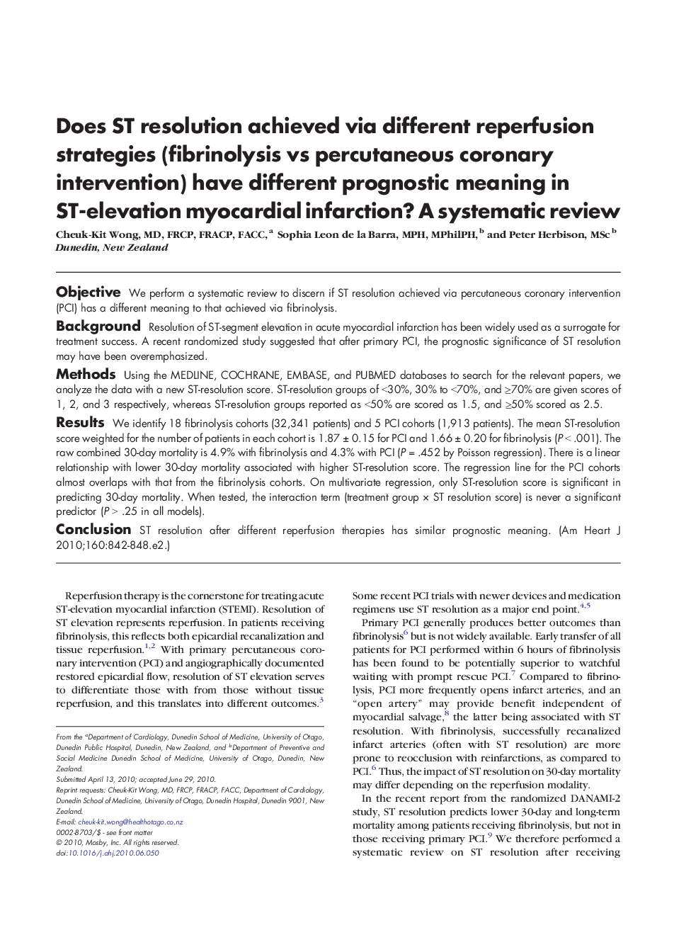 Does ST resolution achieved via different reperfusion strategies (fibrinolysis vs percutaneous coronary intervention) have different prognostic meaning in ST-elevation myocardial infarction? A systematic review