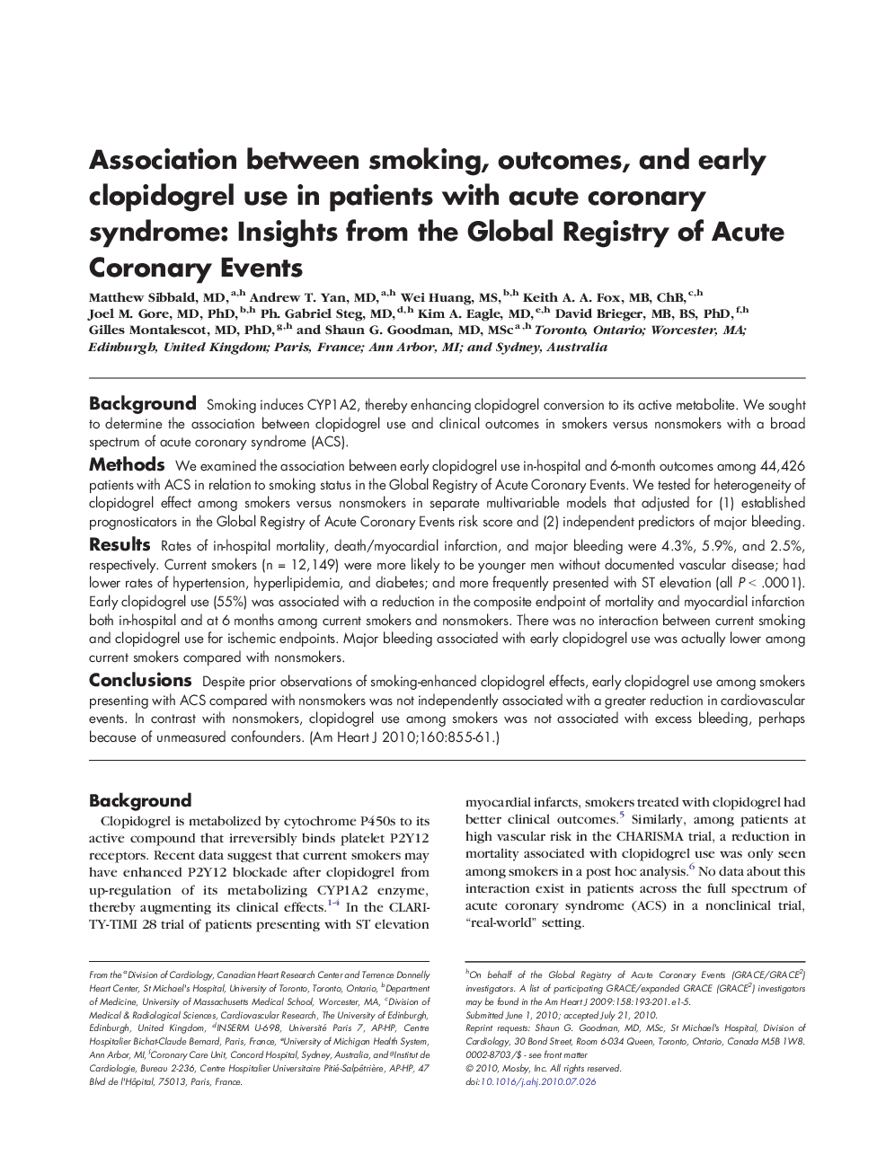 Association between smoking, outcomes, and early clopidogrel use in patients with acute coronary syndrome: Insights from the Global Registry of Acute Coronary Events