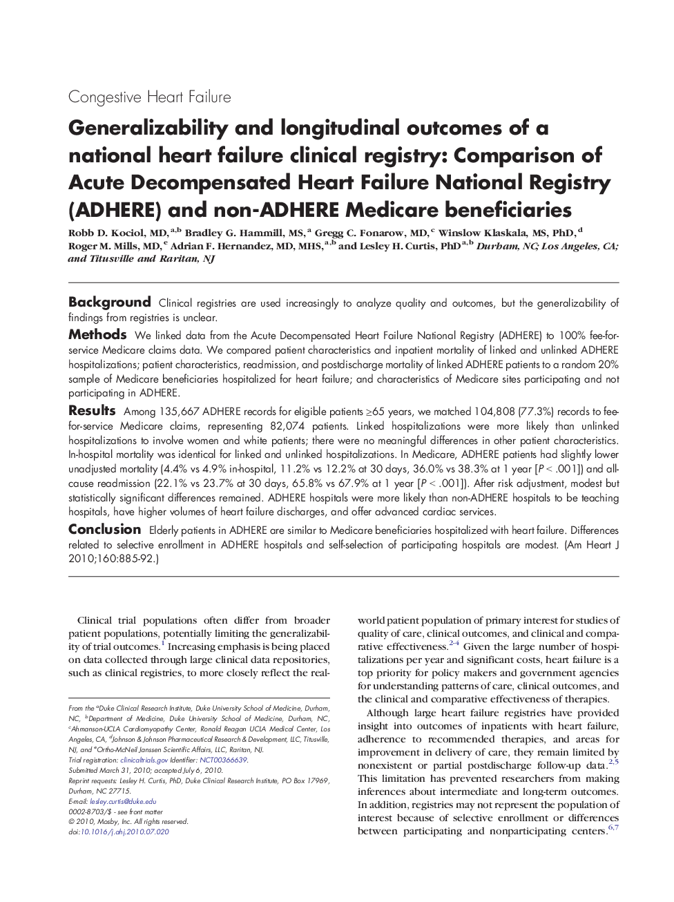 Generalizability and longitudinal outcomes of a national heart failure clinical registry: Comparison of Acute Decompensated Heart Failure National Registry (ADHERE) and non-ADHERE Medicare beneficiaries 