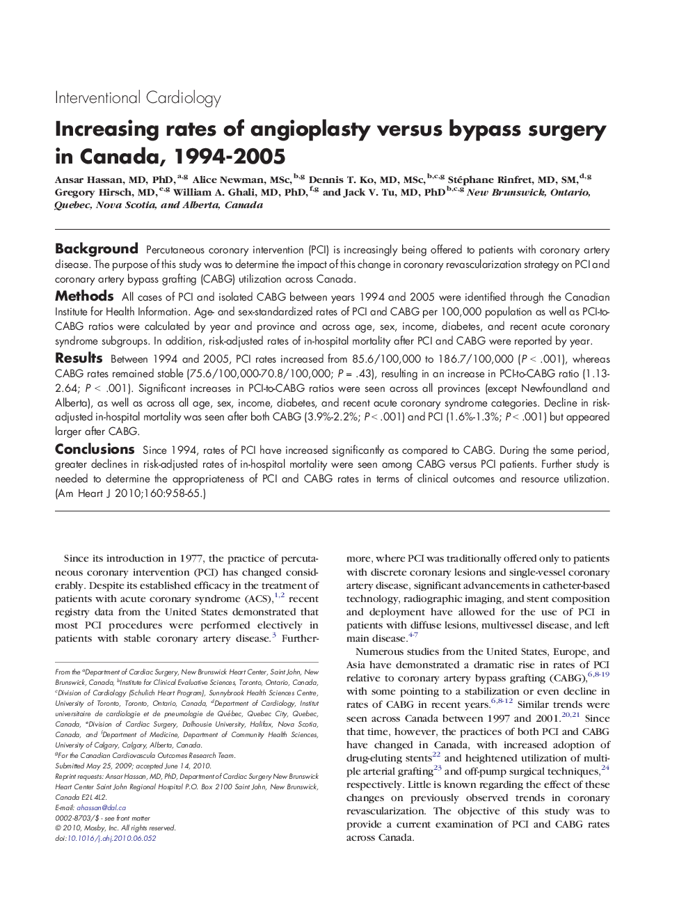 Increasing rates of angioplasty versus bypass surgery in Canada, 1994-2005