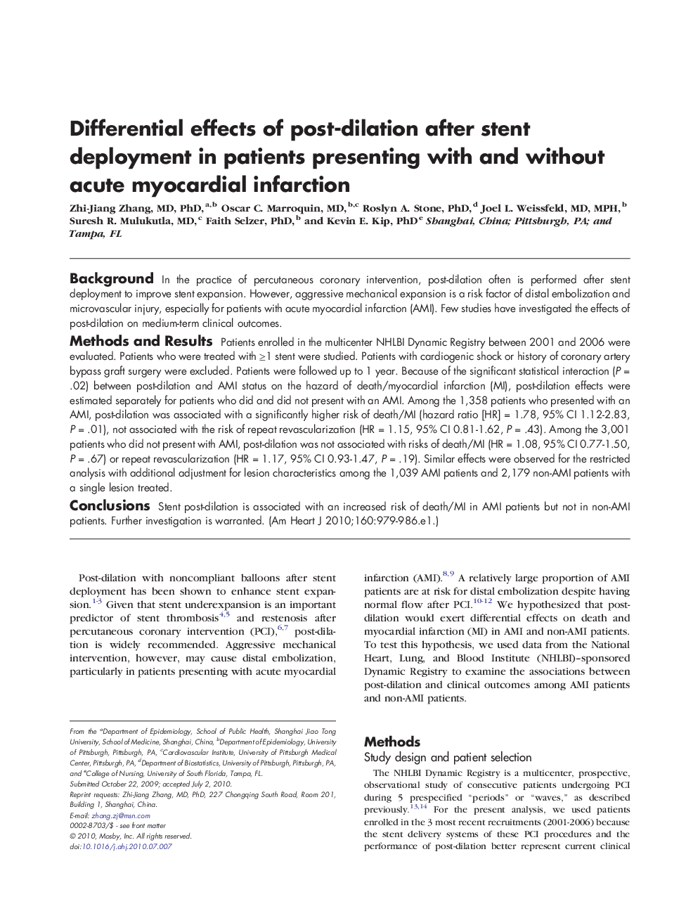 Differential effects of post-dilation after stent deployment in patients presenting with and without acute myocardial infarction