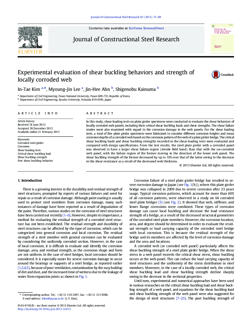 Experimental evaluation of shear buckling behaviors and strength of locally corroded web