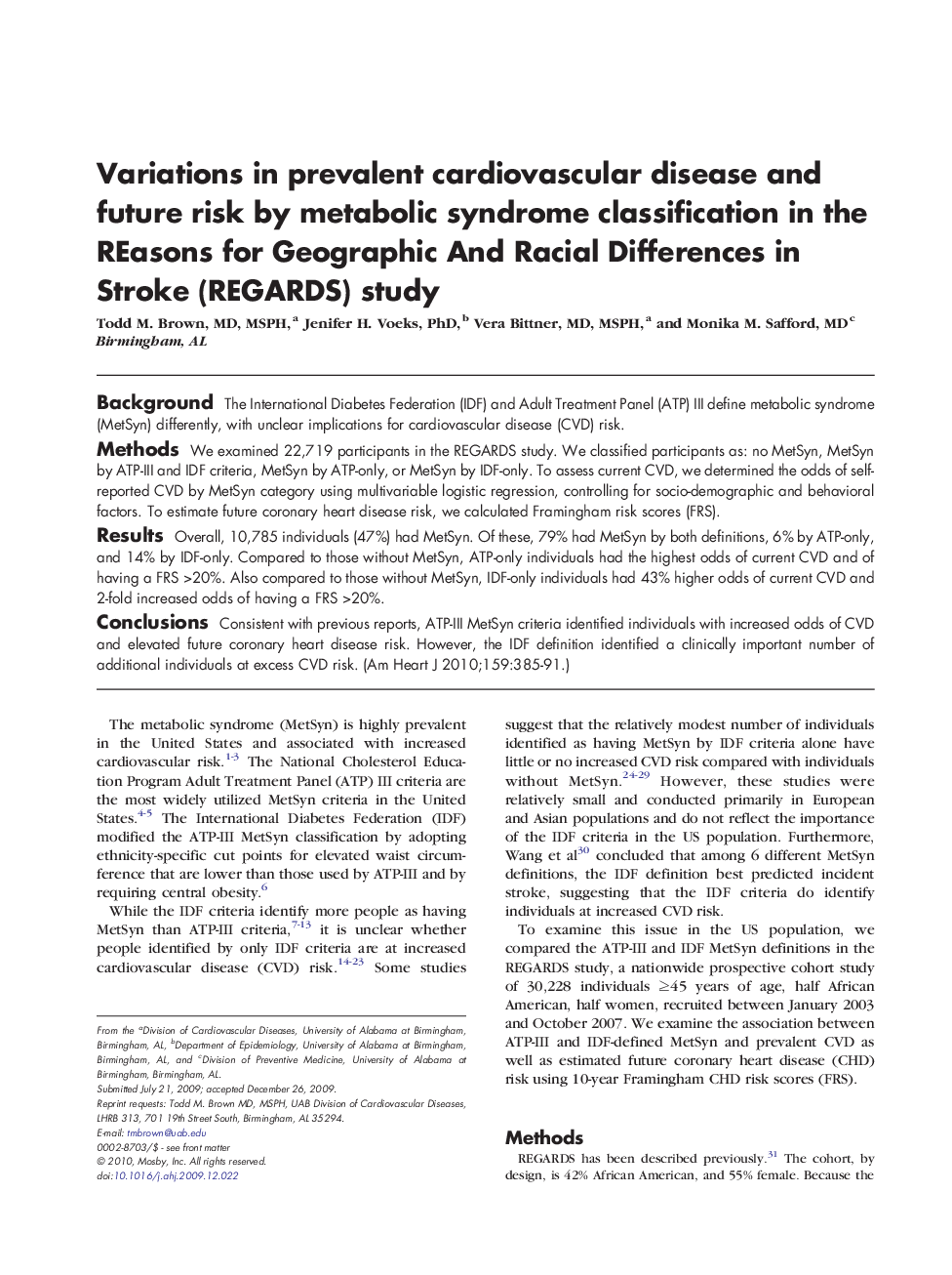 Variations in prevalent cardiovascular disease and future risk by metabolic syndrome classification in the REasons for Geographic And Racial Differences in Stroke (REGARDS) study