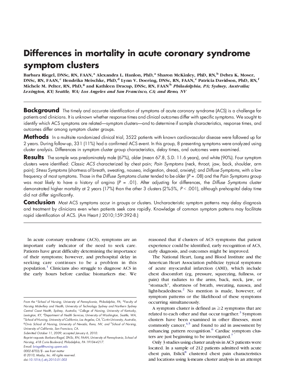 Differences in mortality in acute coronary syndrome symptom clusters