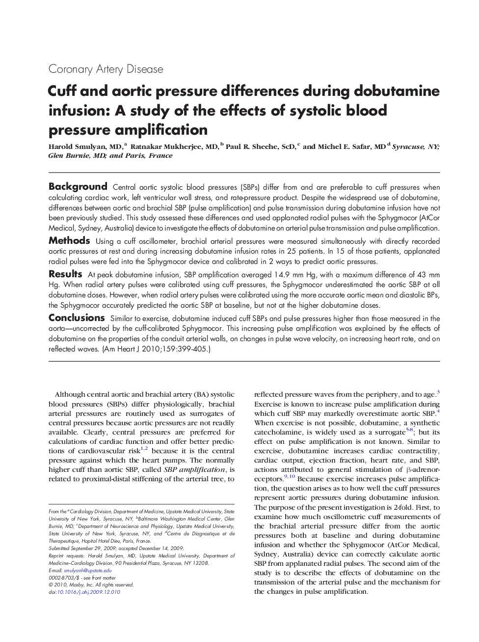 Cuff and aortic pressure differences during dobutamine infusion: A study of the effects of systolic blood pressure amplification