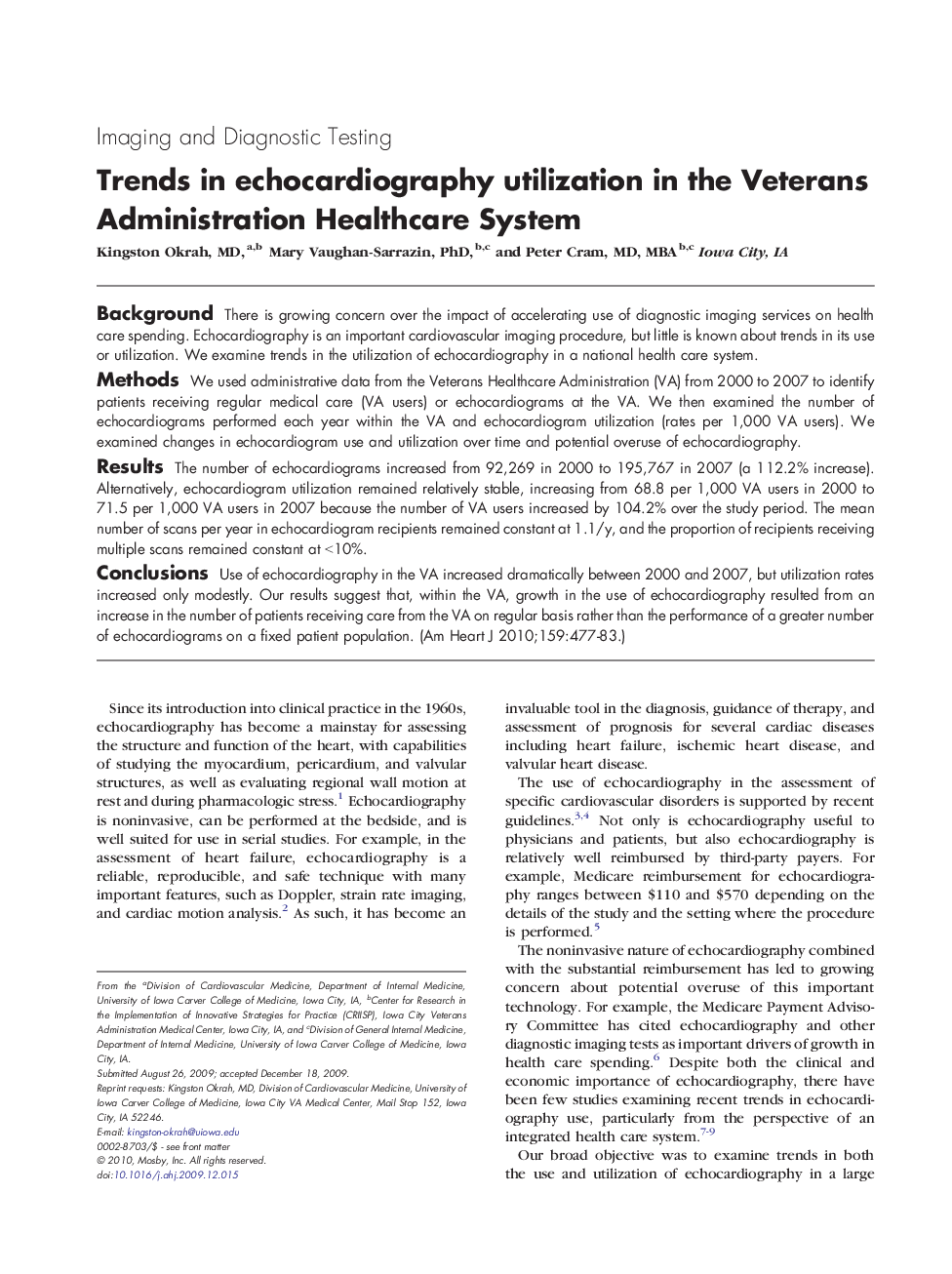 Trends in echocardiography utilization in the Veterans Administration Healthcare System