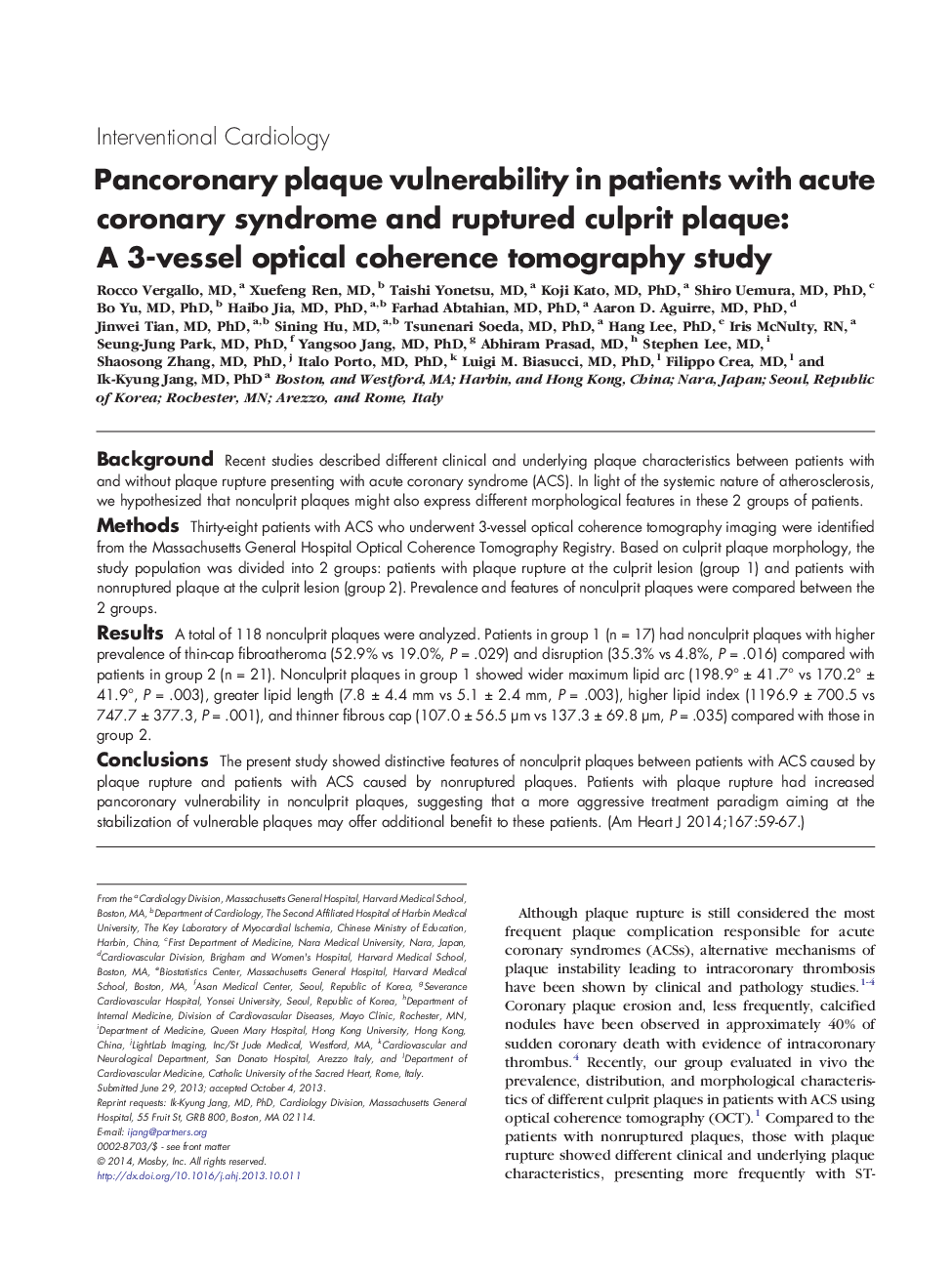 Pancoronary plaque vulnerability in patients with acute coronary syndrome and ruptured culprit plaque: A 3-vessel optical coherence tomography study