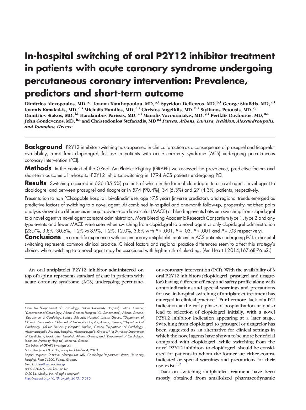 In-hospital switching of oral P2Y12 inhibitor treatment in patients with acute coronary syndrome undergoing percutaneous coronary intervention: Prevalence, predictors and short-term outcome