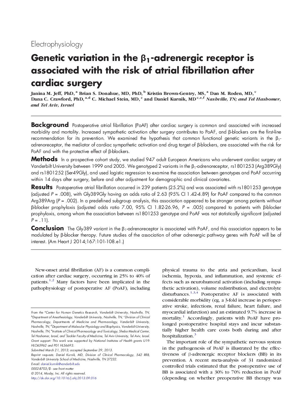 Genetic variation in the Î²1-adrenergic receptor is associated with the risk of atrial fibrillation after cardiac surgery