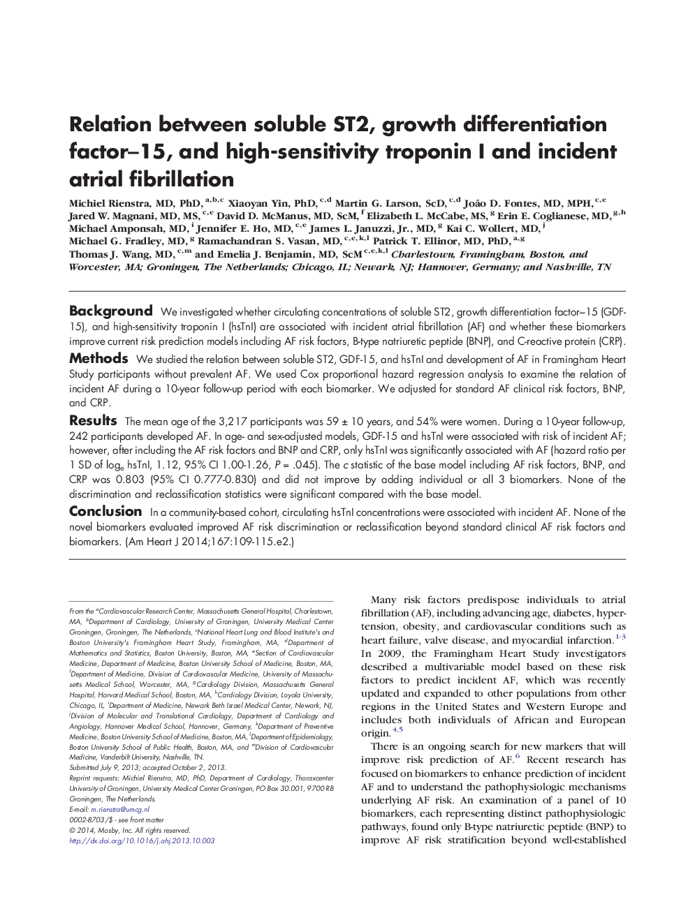 Relation between soluble ST2, growth differentiation factor-15, and high-sensitivity troponin I and incident atrial fibrillation