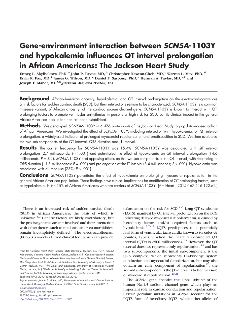 Gene-environment interaction between SCN5A-1103Y and hypokalemia influences QT interval prolongation in African Americans: The Jackson Heart Study