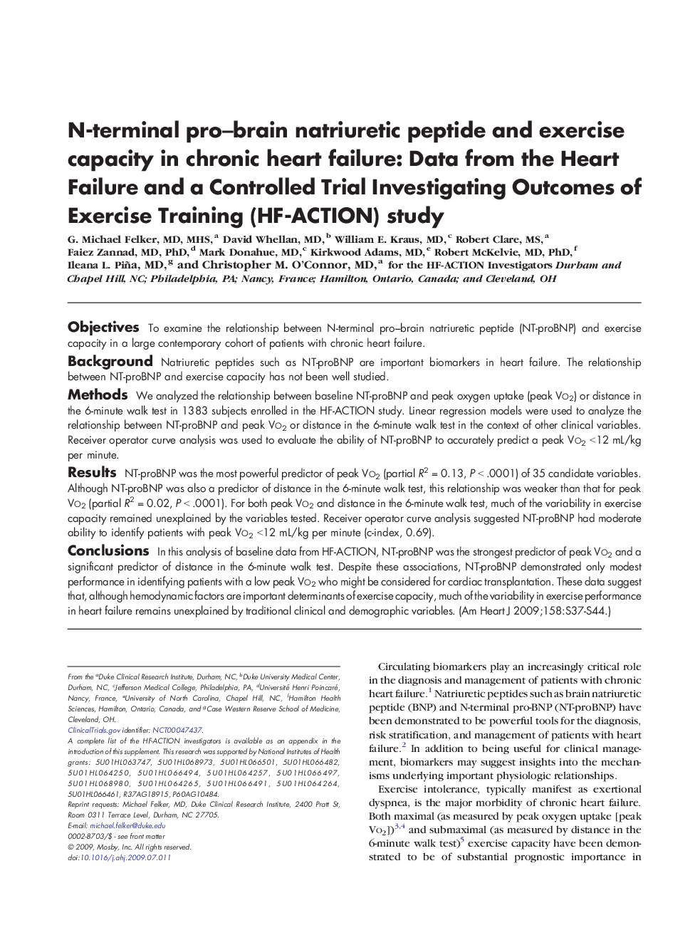 N-terminal pro–brain natriuretic peptide and exercise capacity in chronic heart failure: Data from the Heart Failure and a Controlled Trial Investigating Outcomes of Exercise Training (HF-ACTION) study 