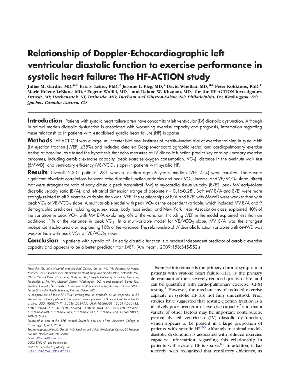 Relationship of Doppler-Echocardiographic left ventricular diastolic function to exercise performance in systolic heart failure: The HF-ACTION study 
