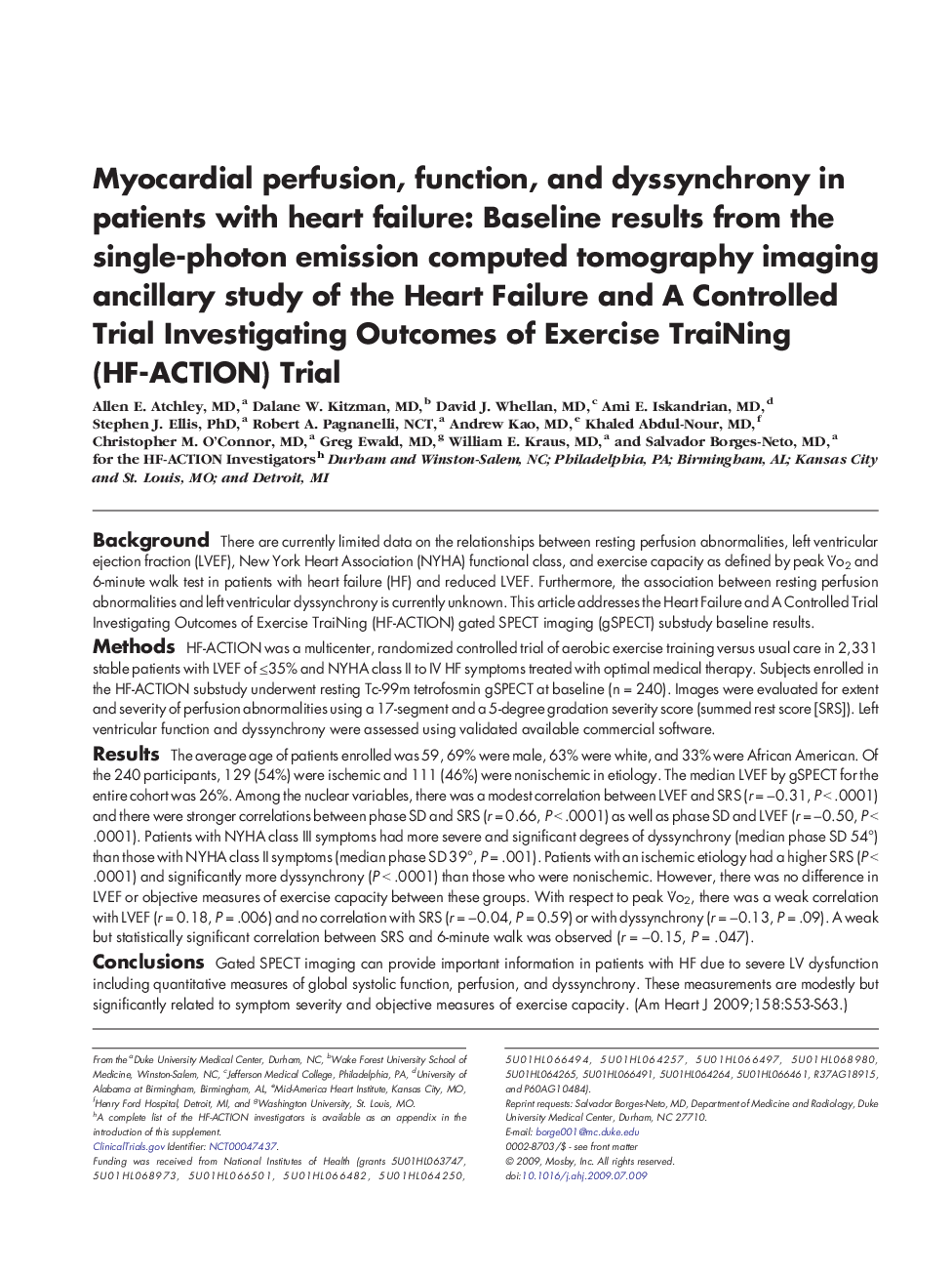 Myocardial perfusion, function, and dyssynchrony in patients with heart failure: Baseline results from the single-photon emission computed tomography imaging ancillary study of the Heart Failure and A Controlled Trial Investigating Outcomes of Exercise Tr