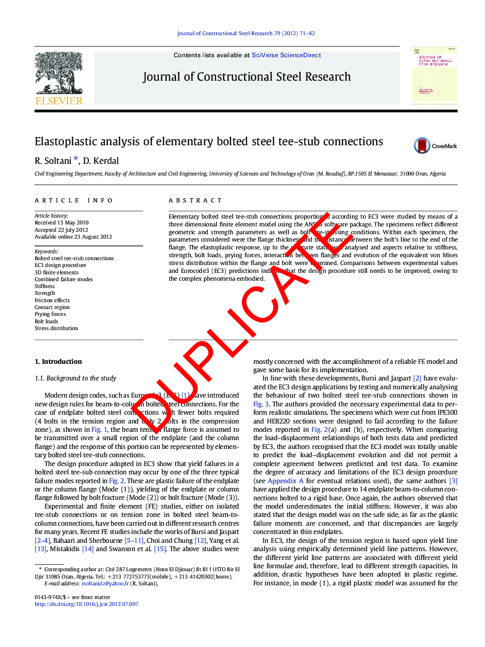 Elastoplastic analysis of elementary bolted steel tee-stub connections