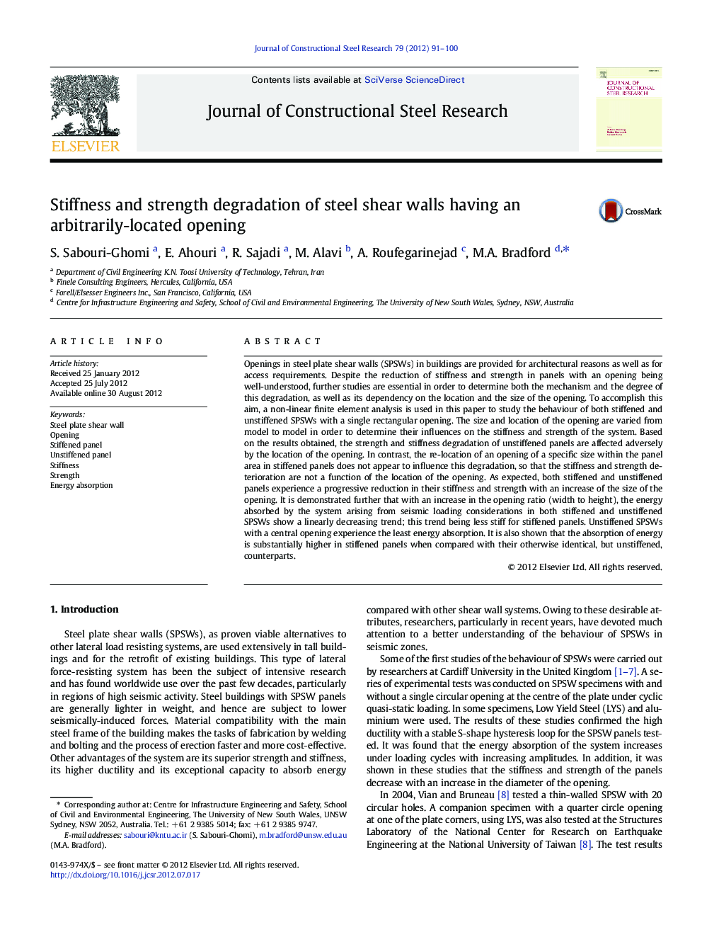 Stiffness and strength degradation of steel shear walls having an arbitrarily-located opening