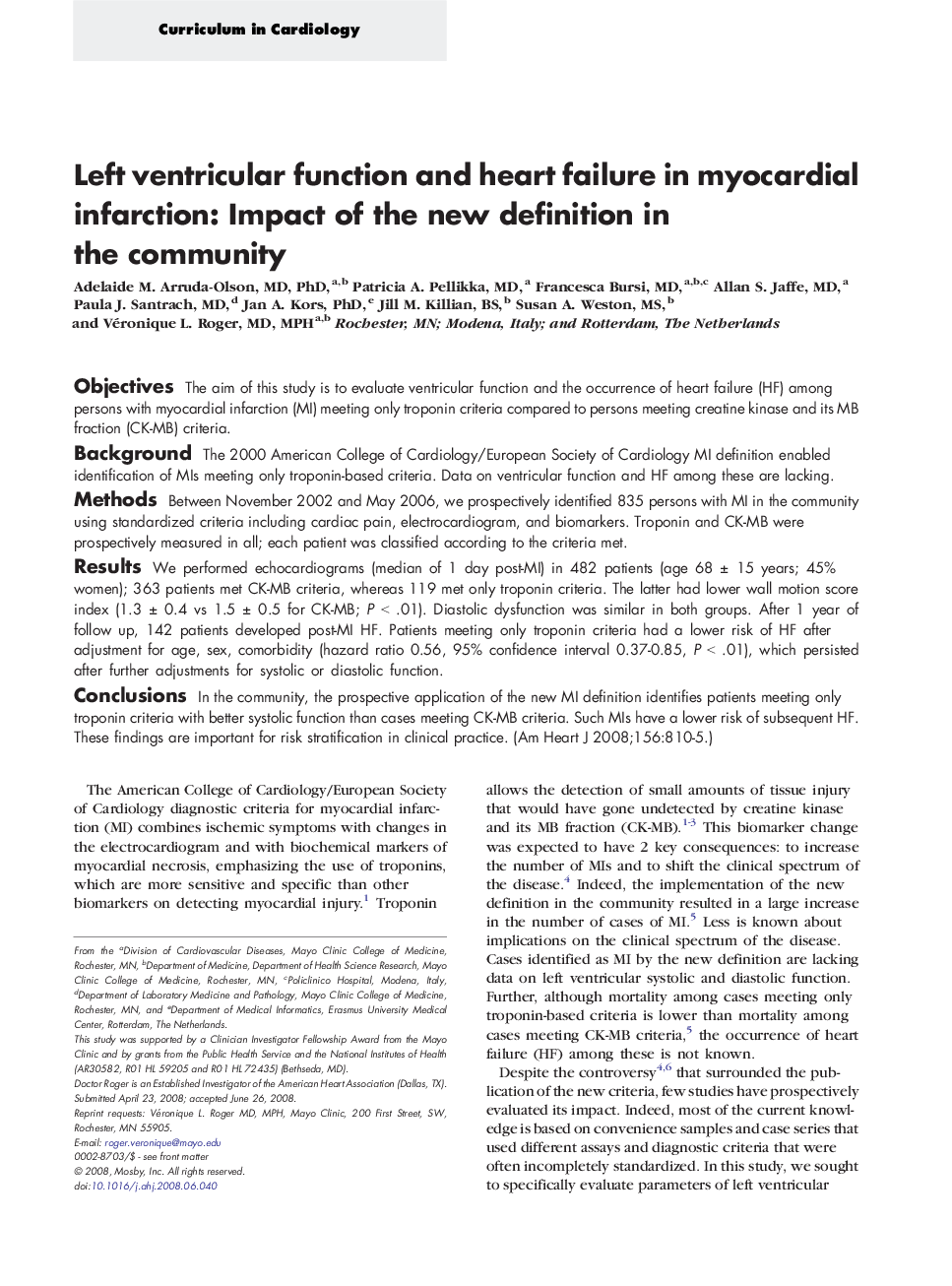 Left ventricular function and heart failure in myocardial infarction: Impact of the new definition in the community 