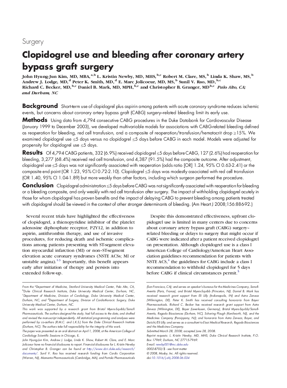 Clopidogrel use and bleeding after coronary artery bypass graft surgery 