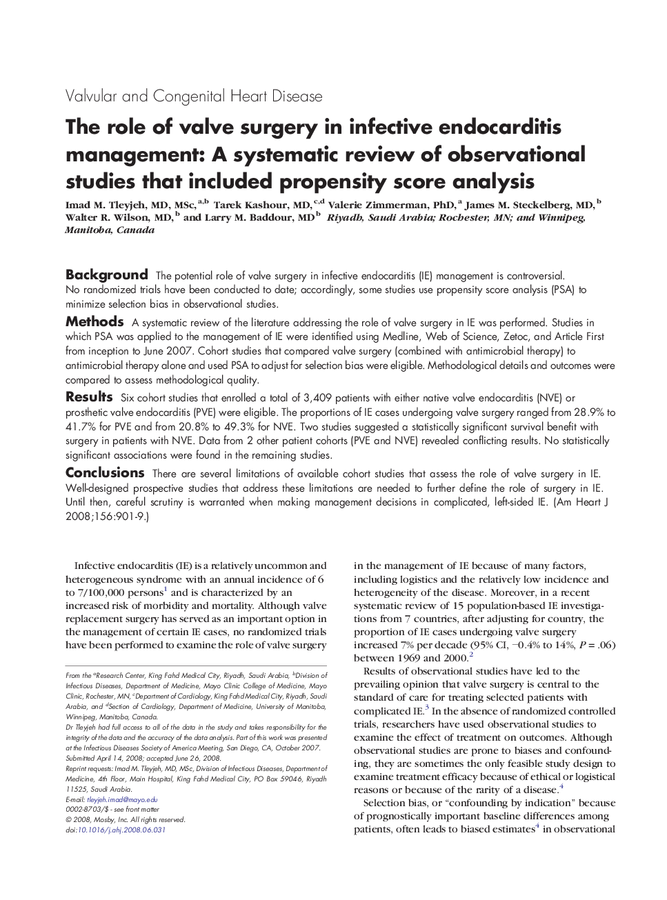 The role of valve surgery in infective endocarditis management: A systematic review of observational studies that included propensity score analysis 