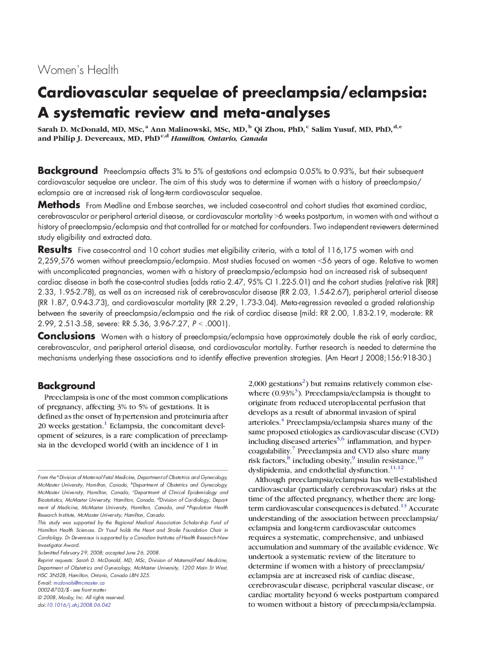 Cardiovascular sequelae of preeclampsia/eclampsia: A systematic review and meta-analyses 