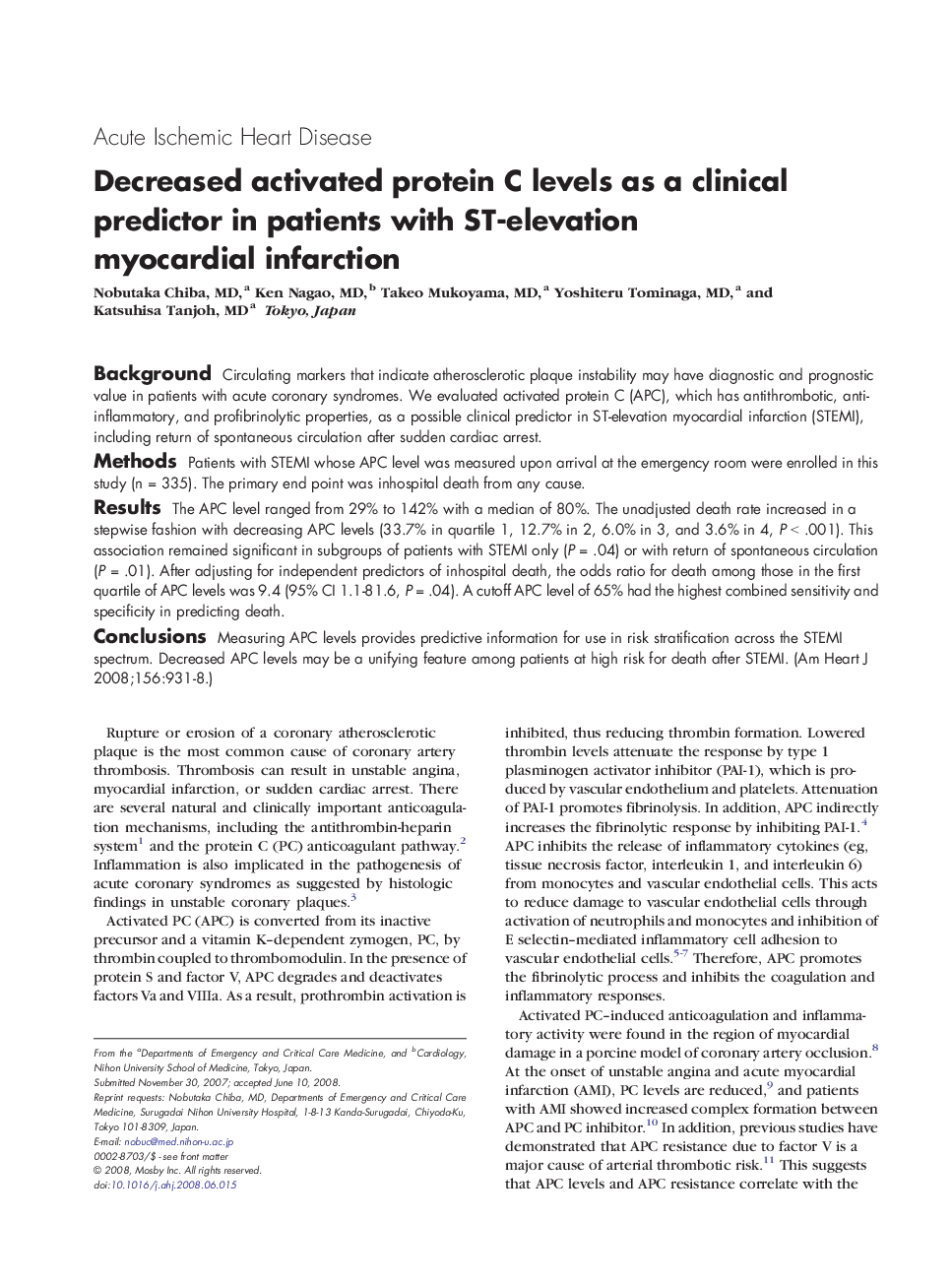 Decreased activated protein C levels as a clinical predictor in patients with ST-elevation myocardial infarction