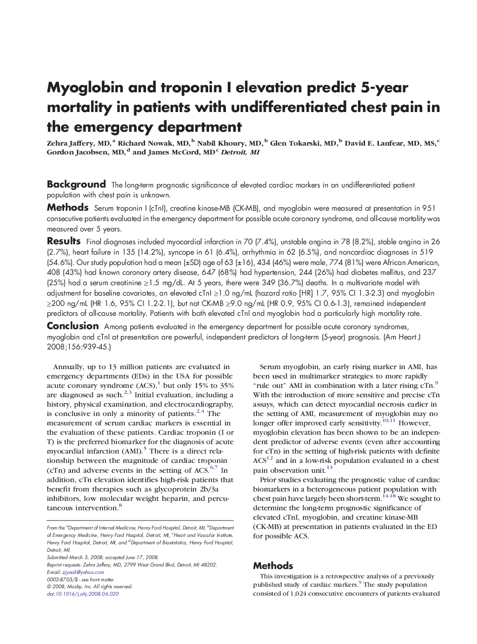 Myoglobin and troponin I elevation predict 5-year mortality in patients with undifferentiated chest pain in the emergency department