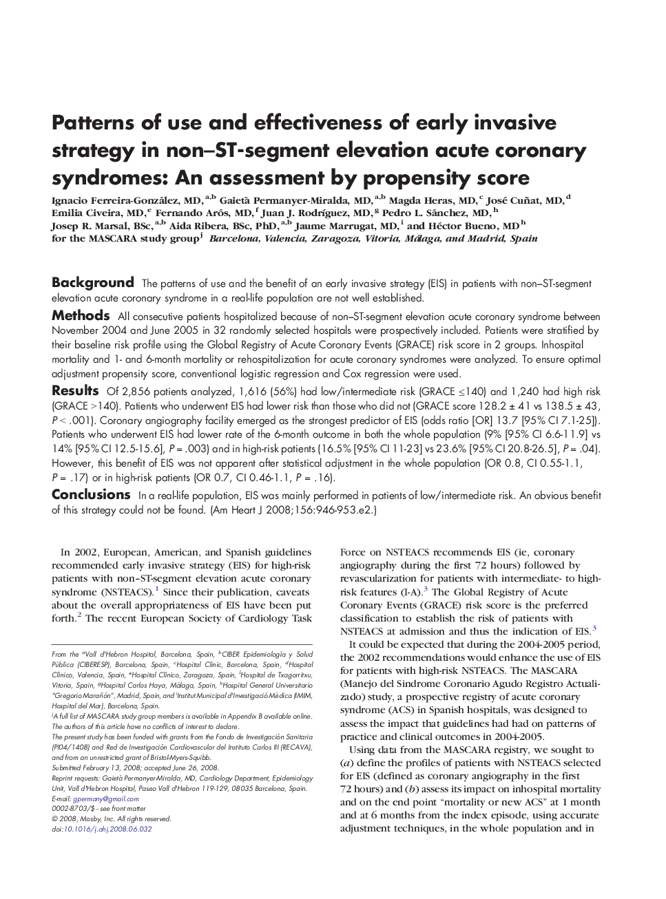 Patterns of use and effectiveness of early invasive strategy in non-ST-segment elevation acute coronary syndromes: An assessment by propensity score