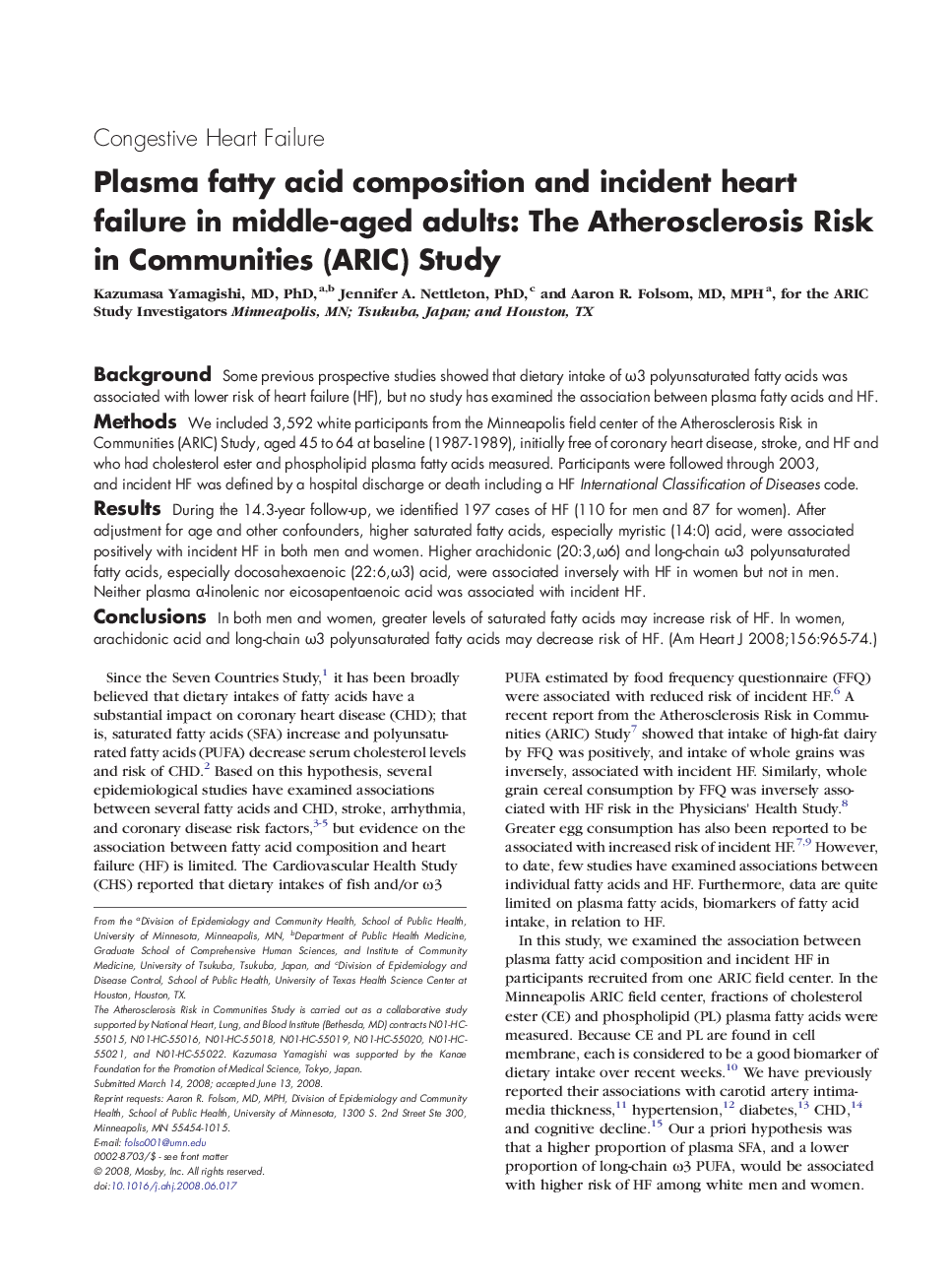 Plasma fatty acid composition and incident heart failure in middle-aged adults: The Atherosclerosis Risk in Communities (ARIC) Study 