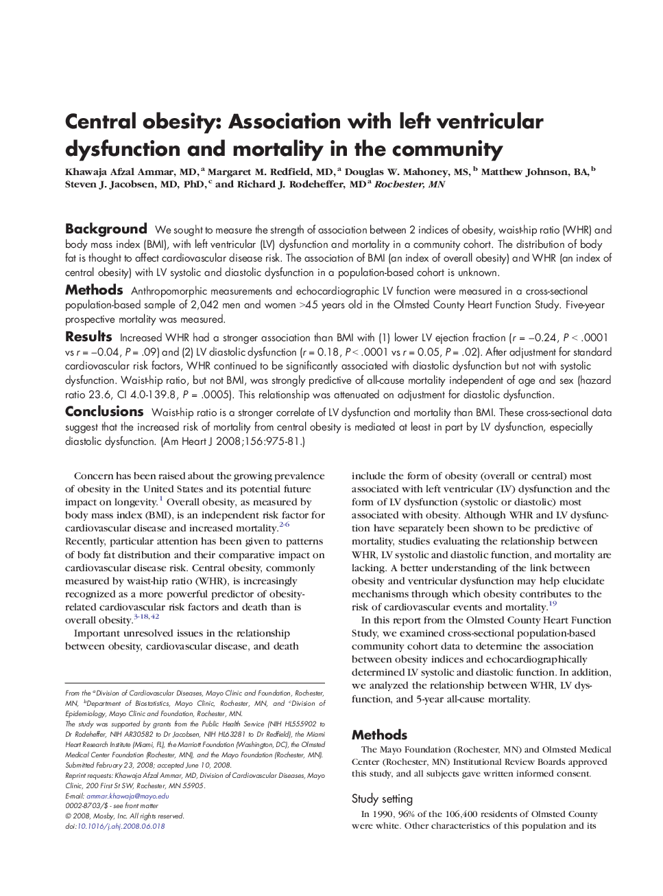 Central obesity: Association with left ventricular dysfunction and mortality in the community 