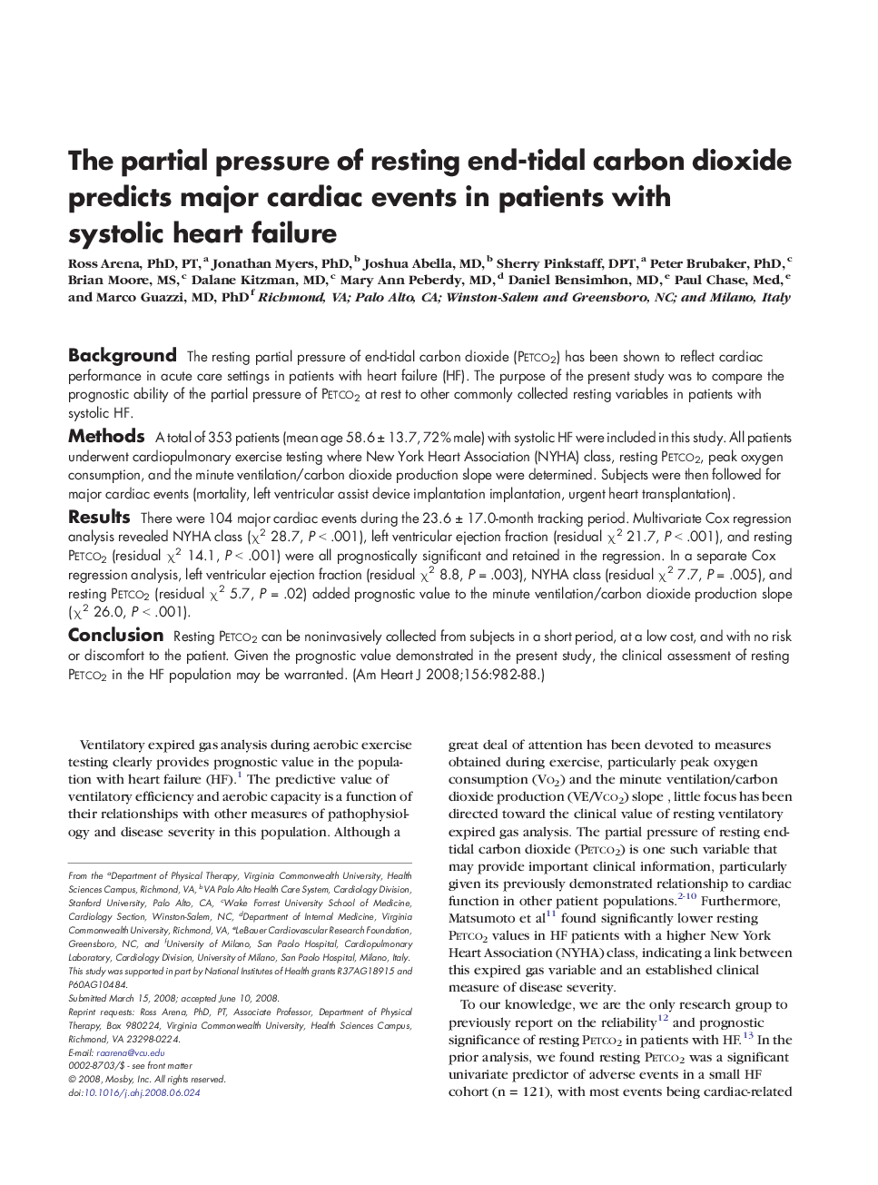 The partial pressure of resting end-tidal carbon dioxide predicts major cardiac events in patients with systolic heart failure 