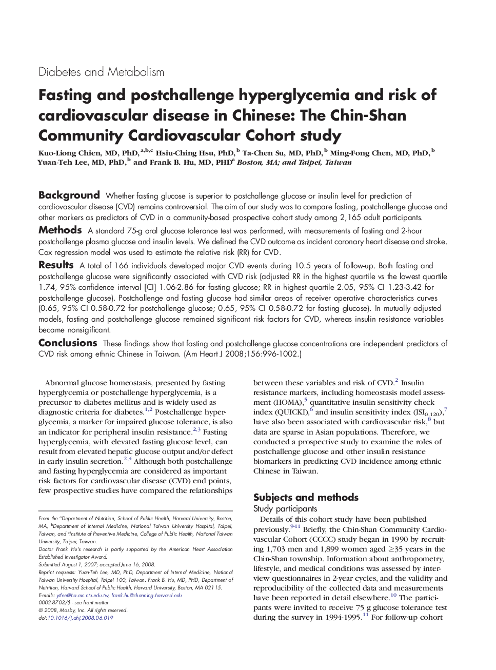 Fasting and postchallenge hyperglycemia and risk of cardiovascular disease in Chinese: The Chin-Shan Community Cardiovascular Cohort study 