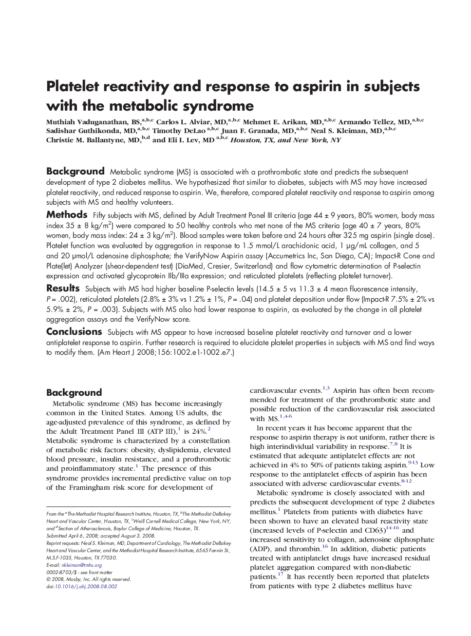 Platelet reactivity and response to aspirin in subjects with the metabolic syndrome