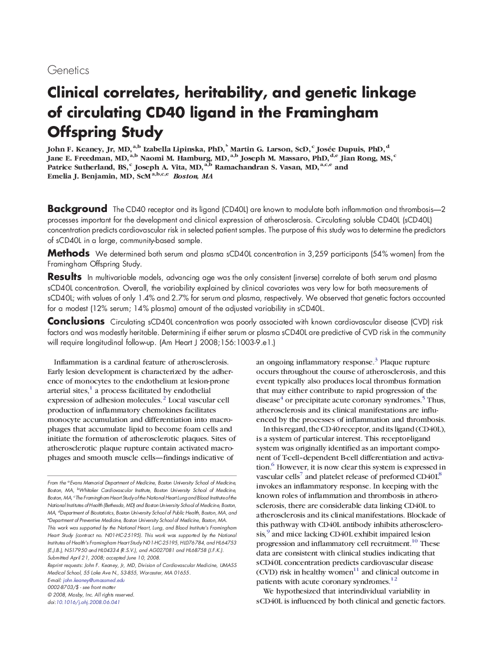 Clinical correlates, heritability, and genetic linkage of circulating CD40 ligand in the Framingham Offspring Study