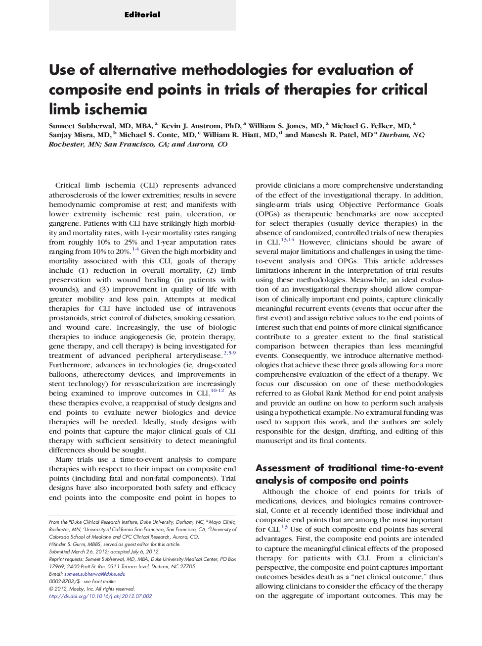 Use of alternative methodologies for evaluation of composite end points in trials of therapies for critical limb ischemia