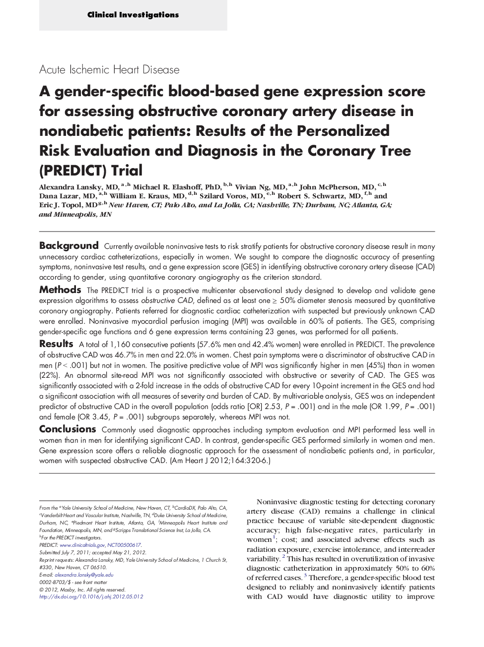 A gender-specific blood-based gene expression score for assessing obstructive coronary artery disease in nondiabetic patients: Results of the Personalized Risk Evaluation and Diagnosis in the Coronary Tree (PREDICT) Trial 